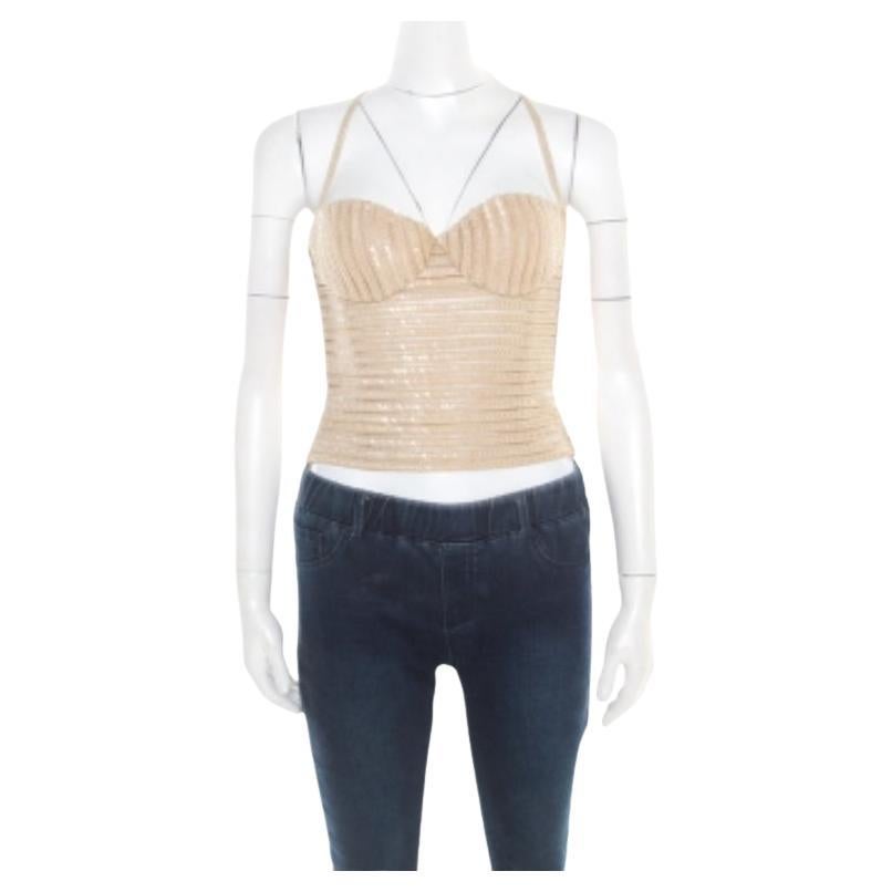 Giorgio Armani Beigefarbenes, paillettenbesetztes Bustier-Top XS im Angebot