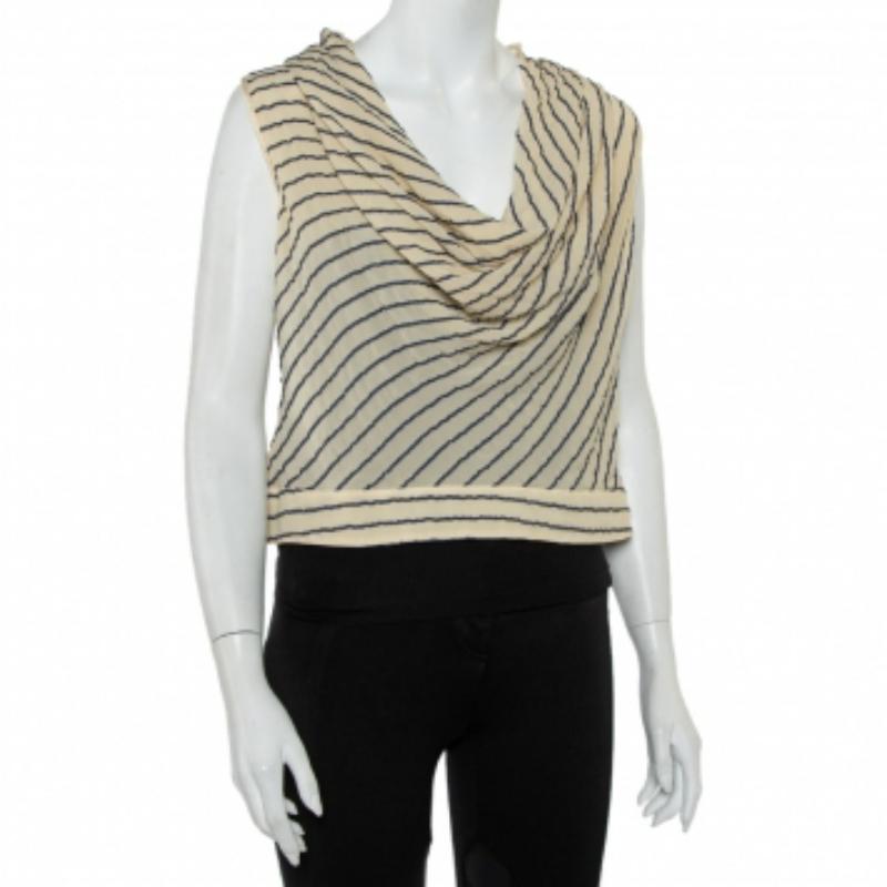 Comfortable and chic, Giorgio Armani's top made from silk has a stylish appeal! Tailored beautifully, the top has a sheer effect, cowl neckline, and stripes all over. Team it with high-waist pants or skirts.