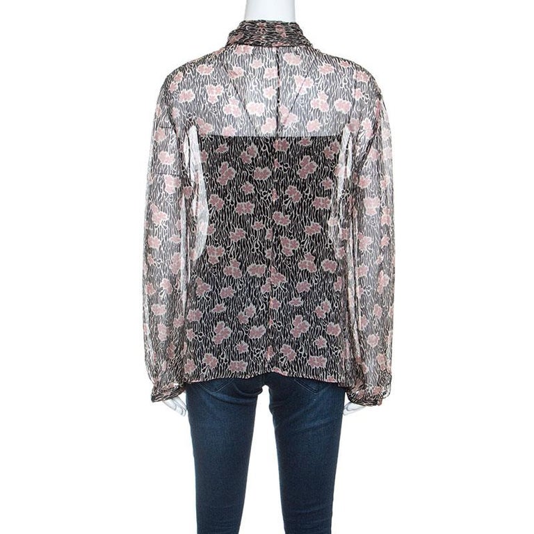 Armani Black and Pink Floral Print Silk Blouse L For Sale at 1stDibs
