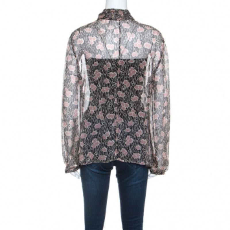 Grigio Giorgio Armani Camicetta in seta trasparente con stampa floreale nera e rosa L.A. in vendita