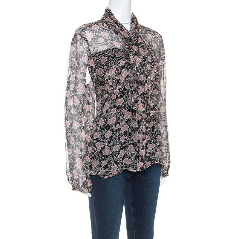 Giorgio Armani Black and Pink Floral Print Sheer Silk Blouse L In Good Condition For Sale In Dubai, Al Qouz 2