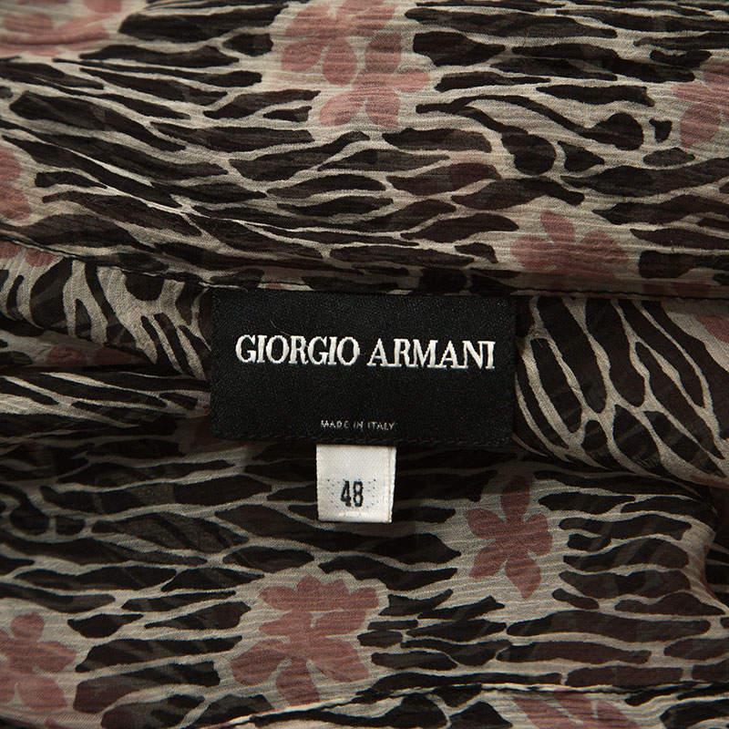 Women's Giorgio Armani Black and Pink Floral Print Sheer Silk Blouse L For Sale