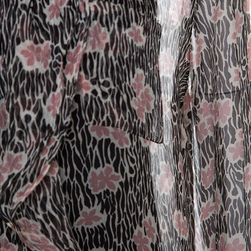 Gray Giorgio Armani Black and Pink Floral Print Sheer Silk Blouse L