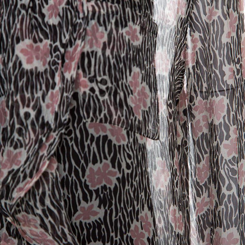 Giorgio Armani Black and Pink Floral Print Sheer Silk Blouse L For Sale 2