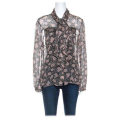 Giorgio Armani Black and Pink Floral Print Sheer Silk Blouse L