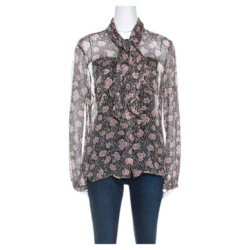 Giorgio Armani Black and Pink Floral Print Sheer Silk Blouse L For Sale