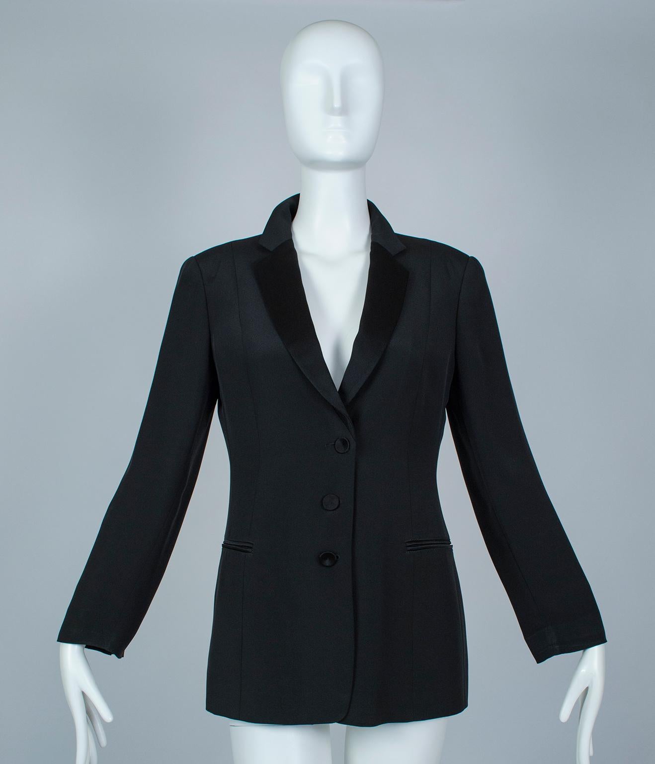 Known for his ladylike but chic designs and masterful fabrics, Giorgio Armani makes a ladies jacket that never disappoints. To wit, his take on the timeless tuxedo jacket incorporates more curves than the St Laurent paradigm, so it remains elegantly