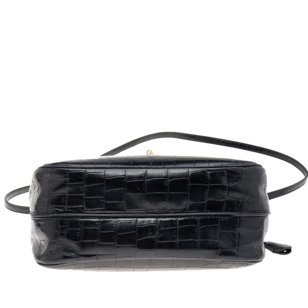 Giorgio Armani Black Croc Embossed Leather Top Handle Bag In Good Condition In Dubai, Al Qouz 2