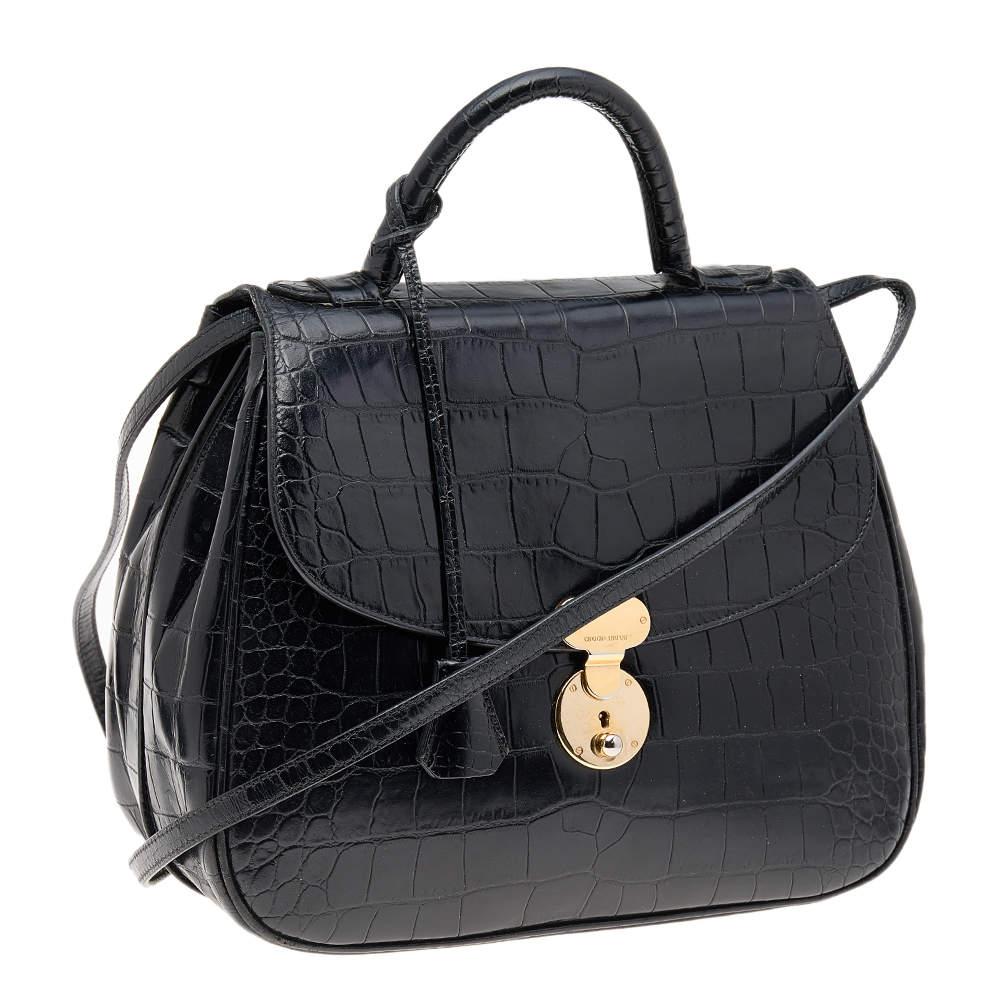 Giorgio Armani Black Croc Embossed Leather Top Handle Bag 1