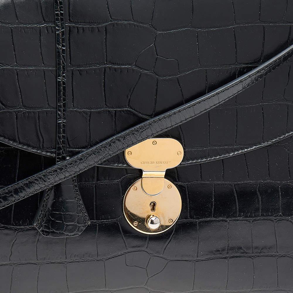 Giorgio Armani Black Croc Embossed Leather Top Handle Bag 5
