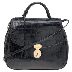 Giorgio Armani Black Croc Embossed Leather Top Handle Bag
