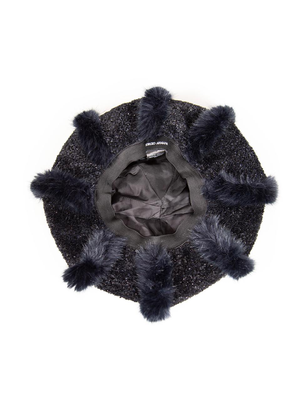 CONDITION is Very good. Hardly any visible wear to beret is evident on this used Giorgio Armani designer resale item. This item comes with an original dust bag.
 
 
 
 Details
 
 
 Black
 
 Synthetic
 
 Knit beanie
 
 Navy faux fur trim
 
 Metallic