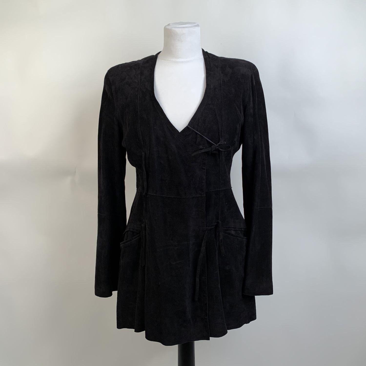 Giorgio Armani - Black Label suede jacket with asymmetric design. Long sleeve styling. Self-tie closure. Fitted waist. Satin lining. 2 pockets on the waist. Made in Italy. Size: 42 IT (The size shown for this item is the size indicated by the