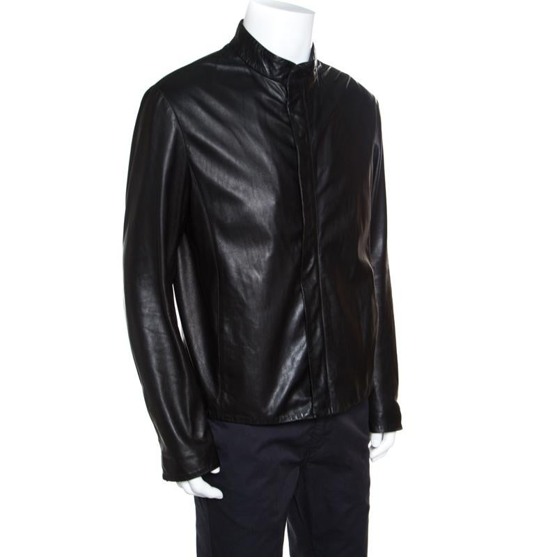 Giorgio Armani Black Lambskin Leather Concealed Zip Front Jacket XXL In Good Condition In Dubai, Al Qouz 2