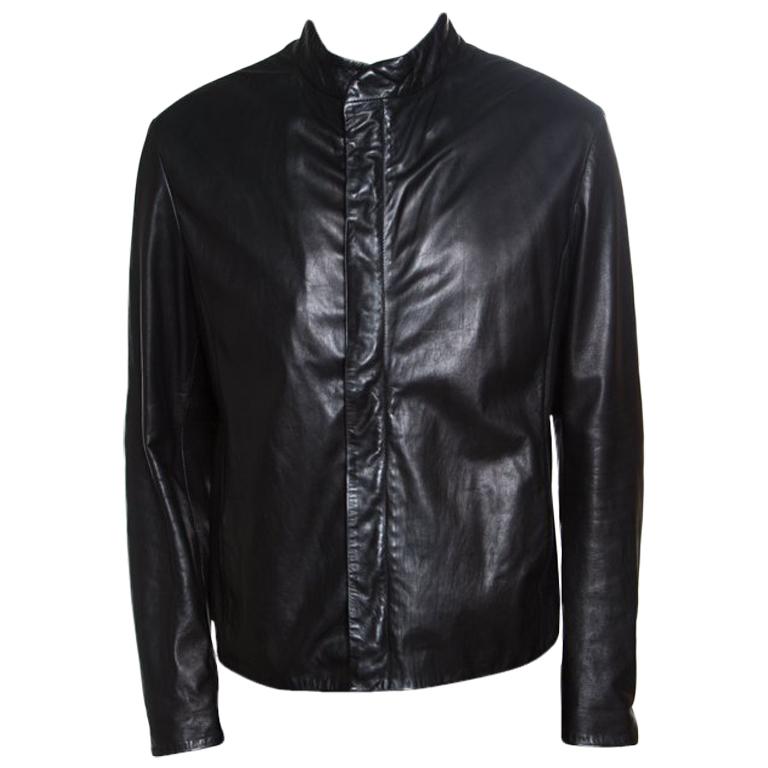 Giorgio Armani Black Lambskin Leather Concealed Zip Front Jacket XXL