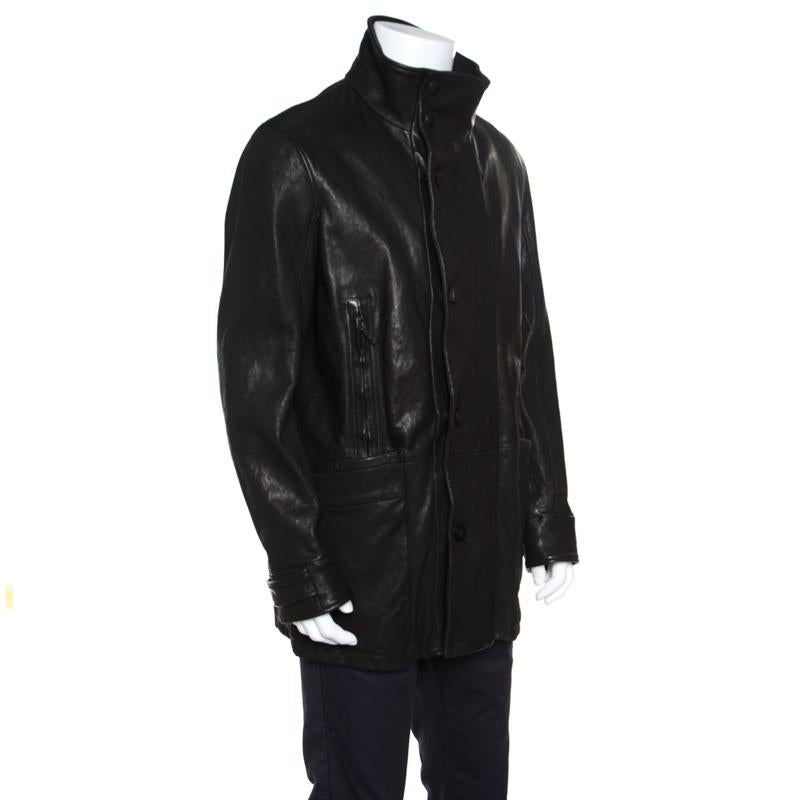 Giorgio Armani Black Lambskin Leather High Neck Jacket XL In Good Condition In Dubai, Al Qouz 2