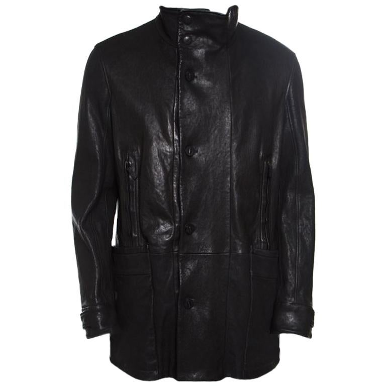 Giorgio Armani Black Lambskin Leather High Neck Jacket XL