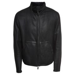 Used Giorgio Armani Black Leather and Fur Zipper Jacket XL