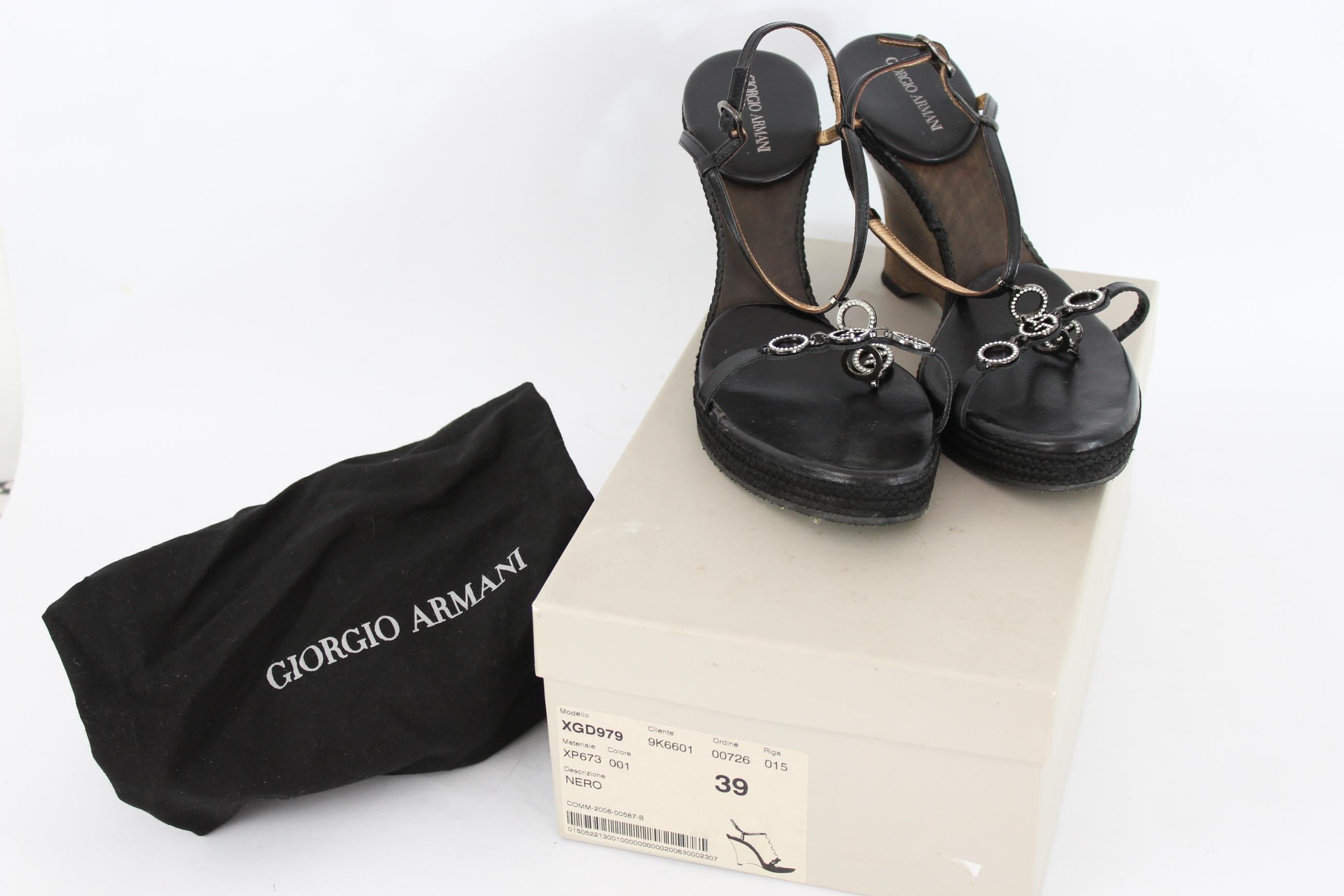 Giorgio Armani Black Leather Rhinestone Wedge Heel Jewel Shoes  In Excellent Condition In Brindisi, Bt