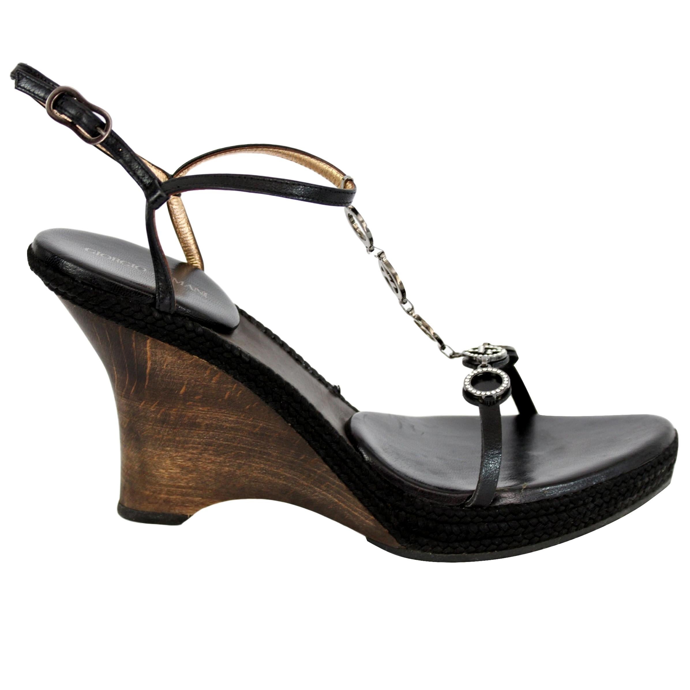 Armani Black Leather Rhinestone Wedge Heel Jewel Shoes For Sale