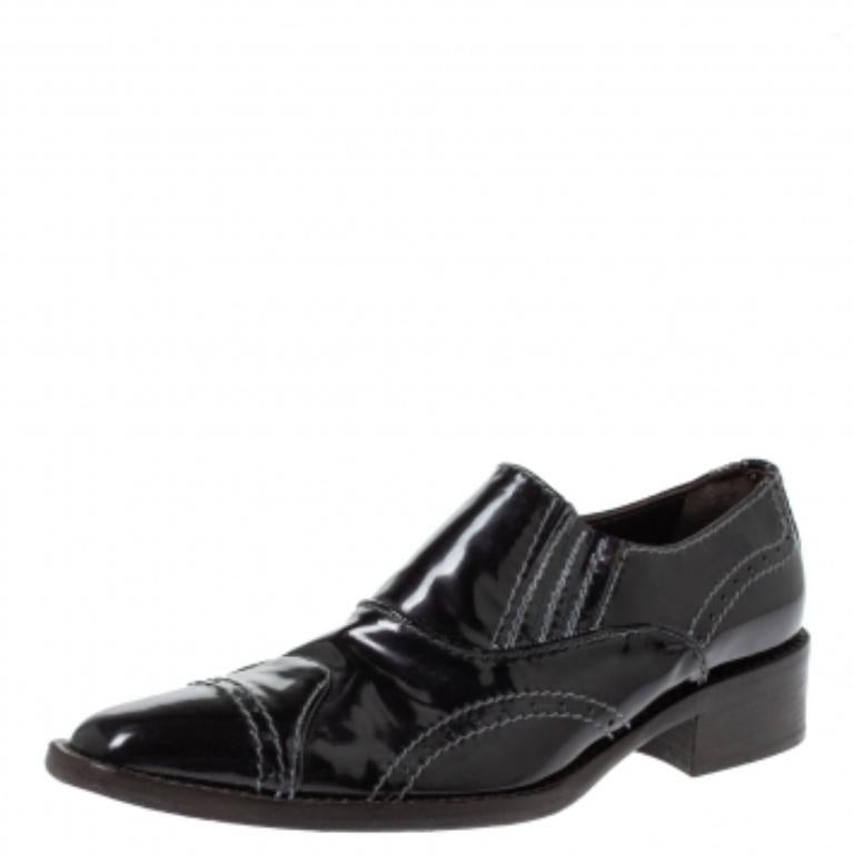 Giorgio Armani Black Patent Leather Stitch Detailed Slip On Loafer Size 38.5 For Sale 1