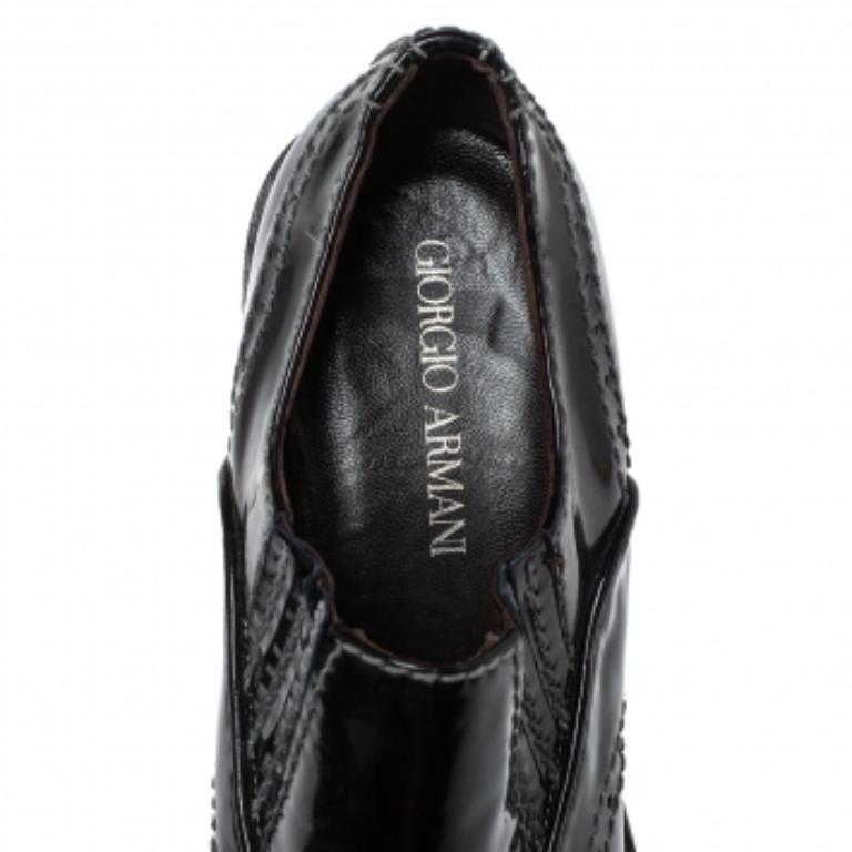 Giorgio Armani Black Patent Leather Stitch Detailed Slip On Loafer Size 38.5 For Sale 2