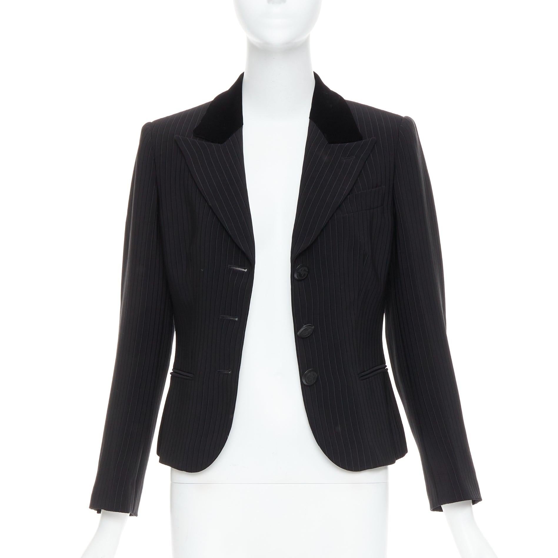Black GIORGIO ARMANI black pinstripe velvet trim cropped tuxedo blazer IT40 S For Sale