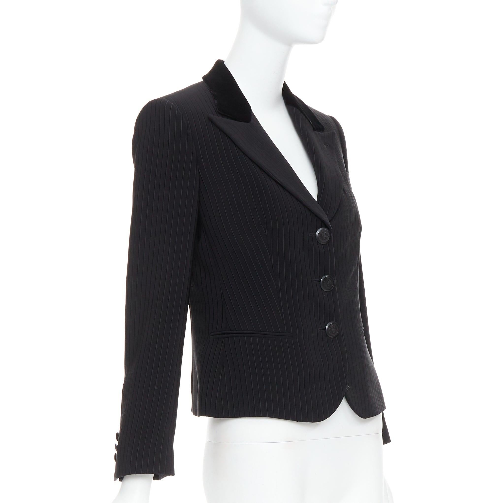 GIORGIO ARMANI black pinstripe velvet trim cropped tuxedo blazer IT40 S In Excellent Condition For Sale In Hong Kong, NT