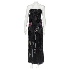 Giorgio Armani Schwarzes trägerloses Kleid aus bedrucktem Seiden- Tüll mit Schaldetails, L