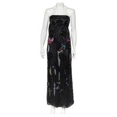 Giorgio Armani Black Printed Silk Tulle Scarf Detail Strapless Gown L