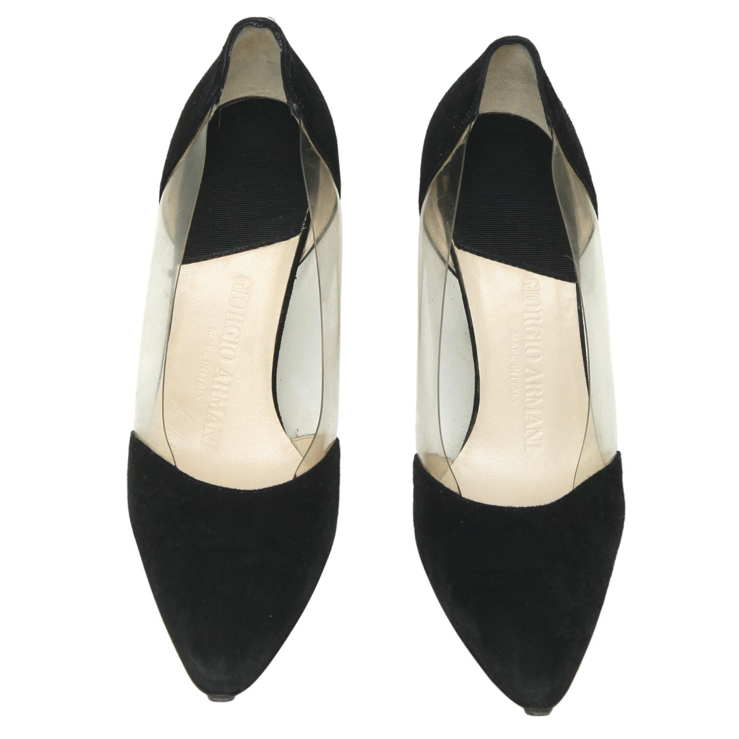 GIORGIO ARMANI Nero Pumps Pelle Scamosciata PVC Tacchi Punta Pompa Sz 37 In condizioni buone in vendita a Hollywood, FL