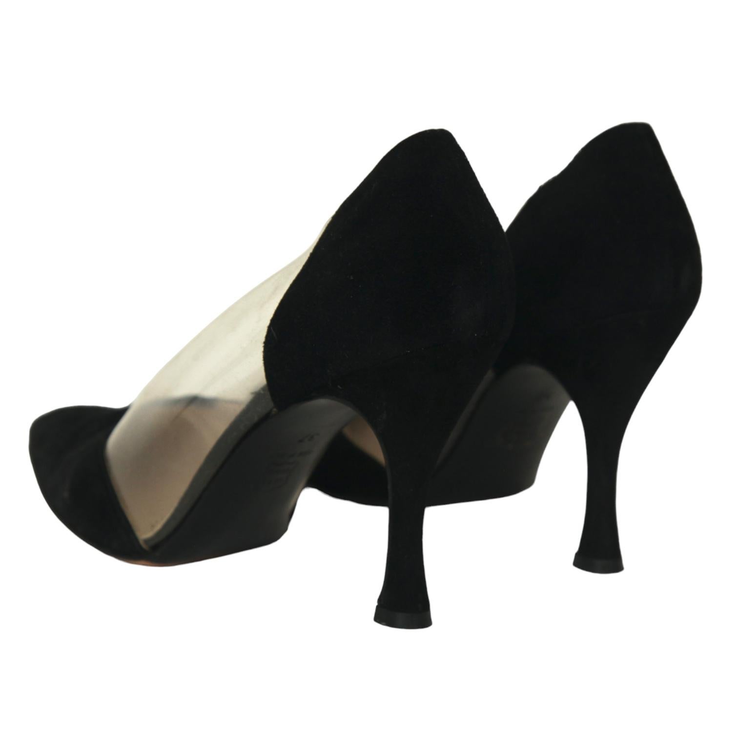 GIORGIO ARMANI Nero Pumps Pelle Scamosciata PVC Tacchi Punta Pompa Sz 37 in vendita 1