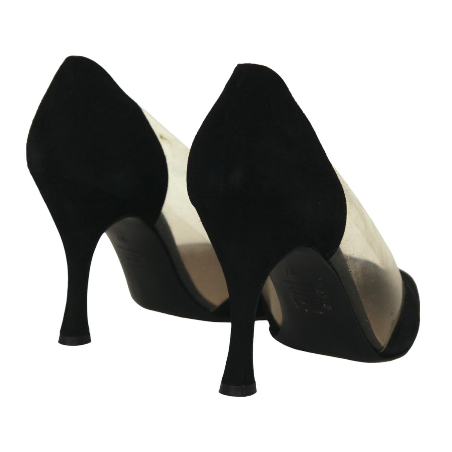 GIORGIO ARMANI Nero Pumps Pelle Scamosciata PVC Tacchi Punta Pompa Sz 37 in vendita 3