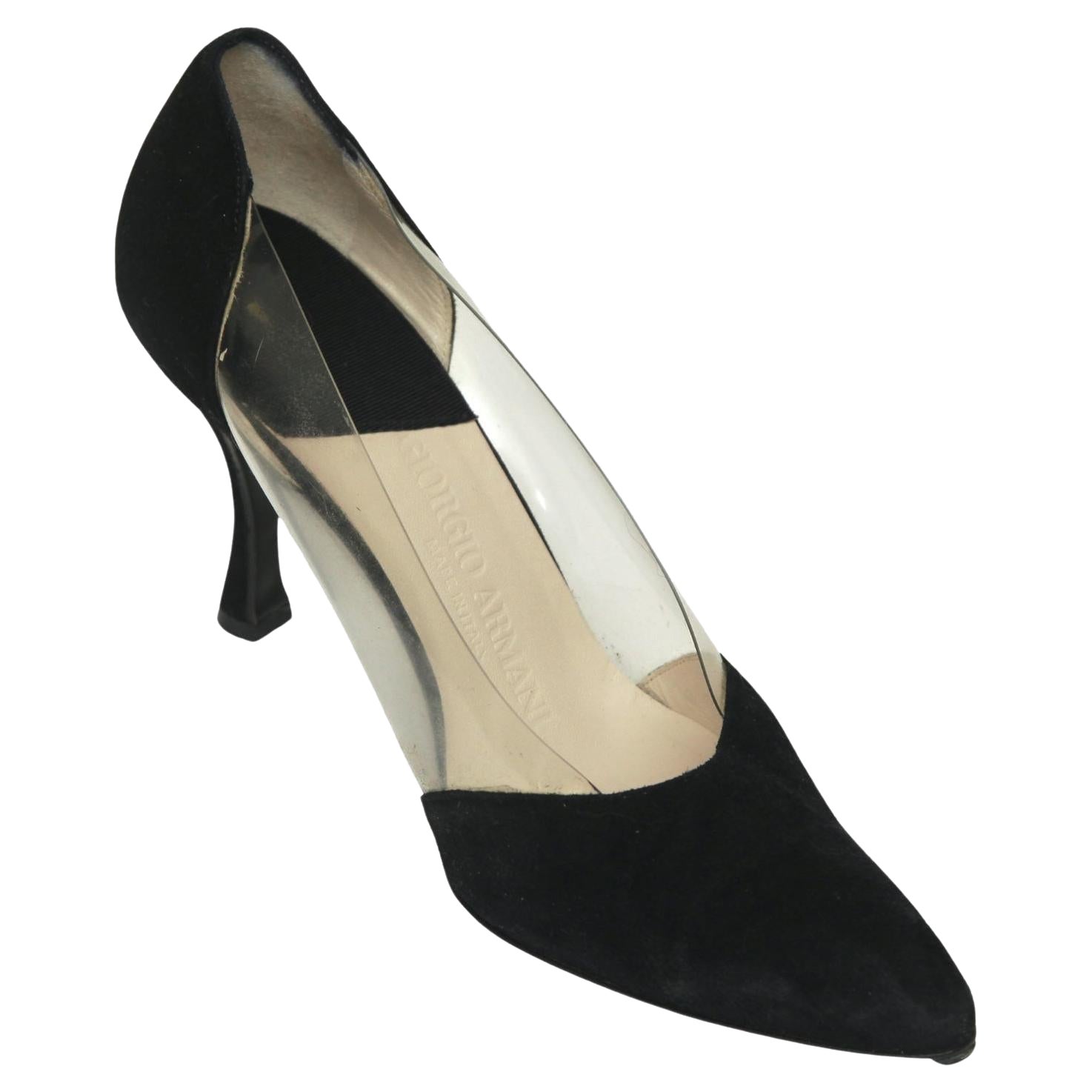 GIORGIO ARMANI Black Pumps Suede Leather PVC Heels Pointed Toe Pump Sz 37 For Sale