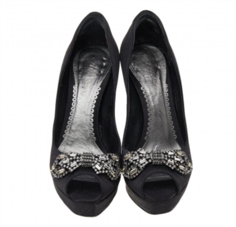 Women's Giorgio Armani Black Satin Crystal Embellished Peep Toe Platform Pumps Size 36