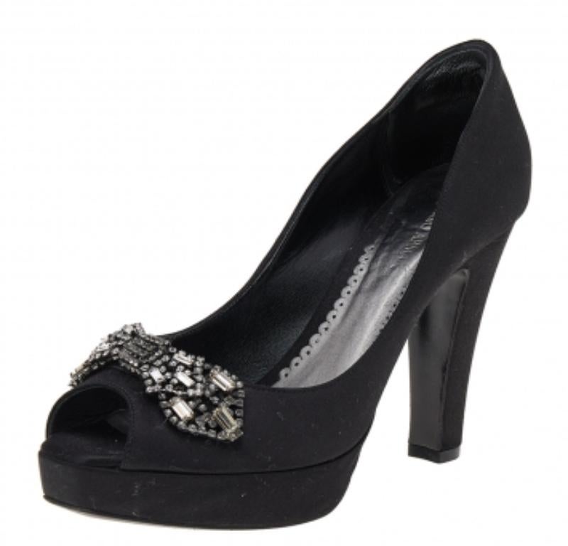 Giorgio Armani Black Satin Crystal Embellished Peep Toe Platform Pumps Size 36 2