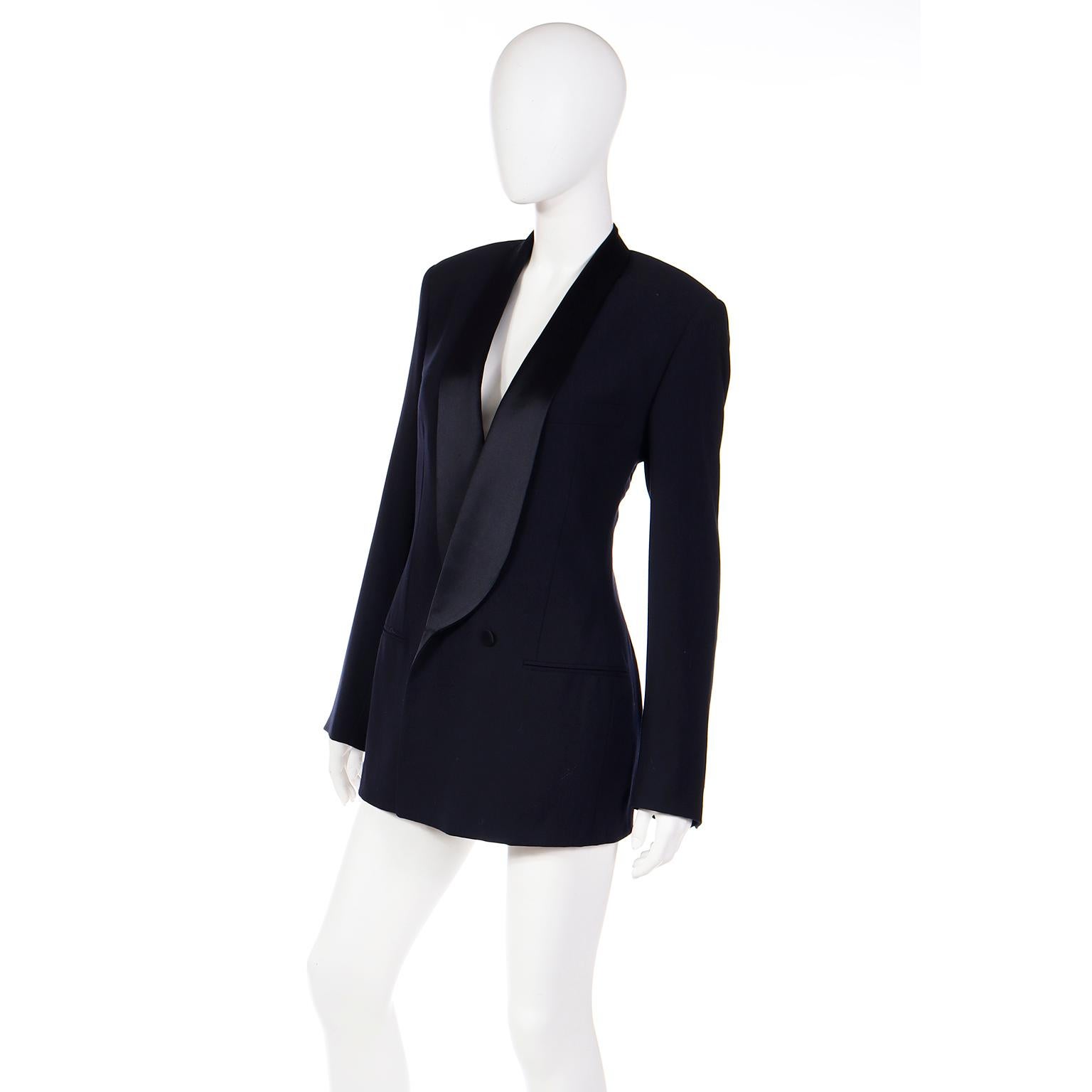 Giorgio Armani Black Wool Vintage Longline Tuxedo Jacket In Excellent Condition In Portland, OR