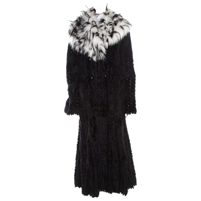 Giorgio Armani Black Sheared Mink Contrast Fox Collar Long Coat L