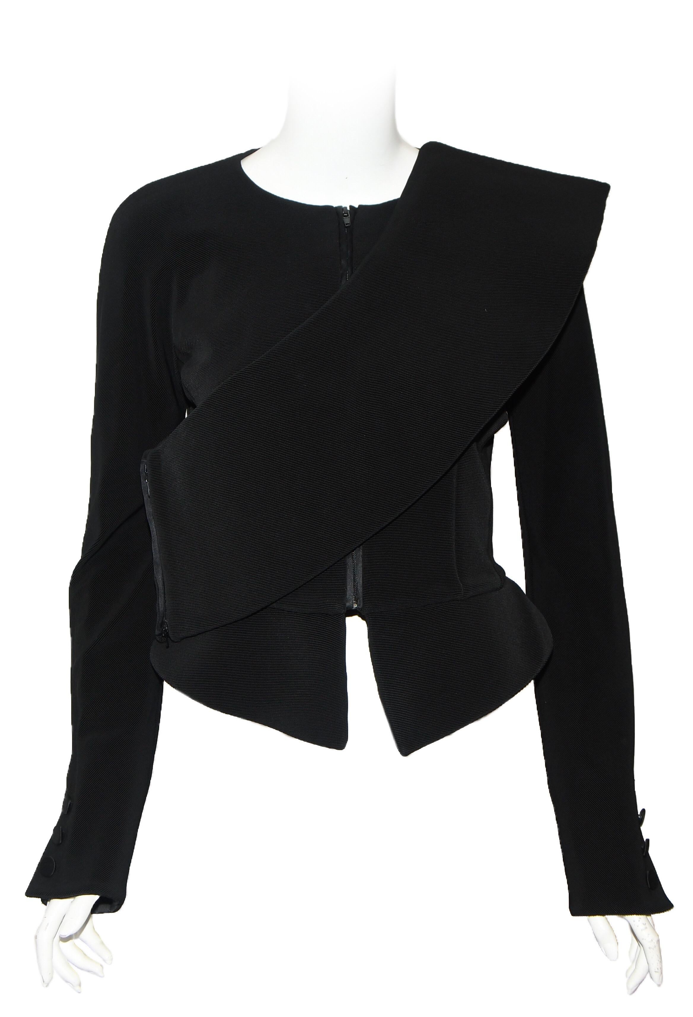 Women's Giorgio Armani Ribbed Black Silk Jacket With Off Shoulder Short Cape Size 10 US For Sale