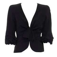 GIORGIO ARMANI black silk ruffle 3/4 sleeves tie front blazer jacket IT42 M