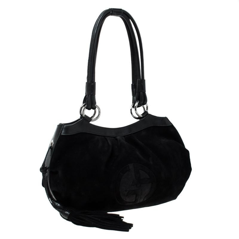 Giorgio Armani Black Suede and Leather Tassel Shoulder Bag In Good Condition In Dubai, Al Qouz 2