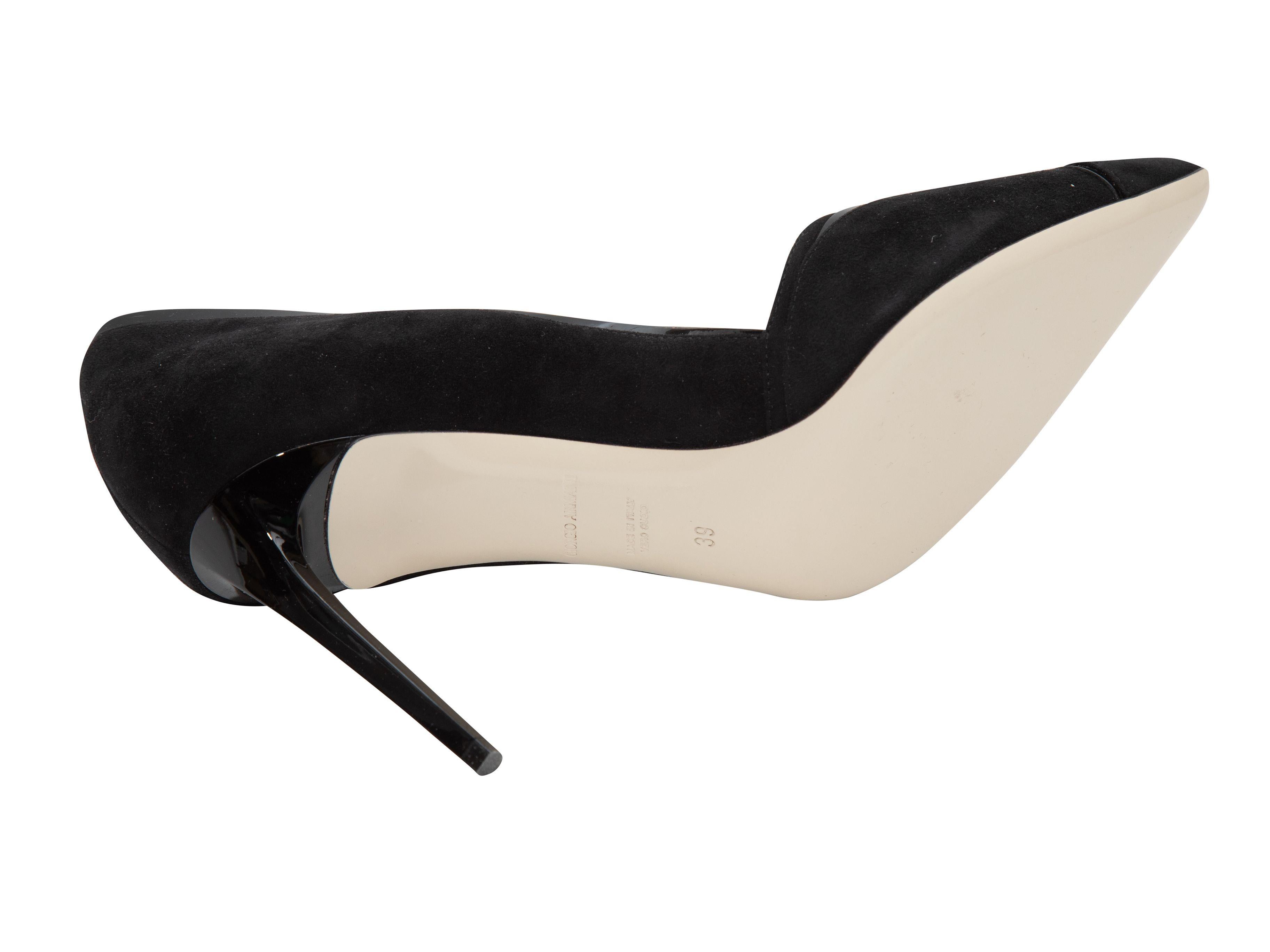 Product Details: Black suede and patent leather pointed-toe pumps by Giorgio Armani. Cutouts at toes. Lacquered heels. 4