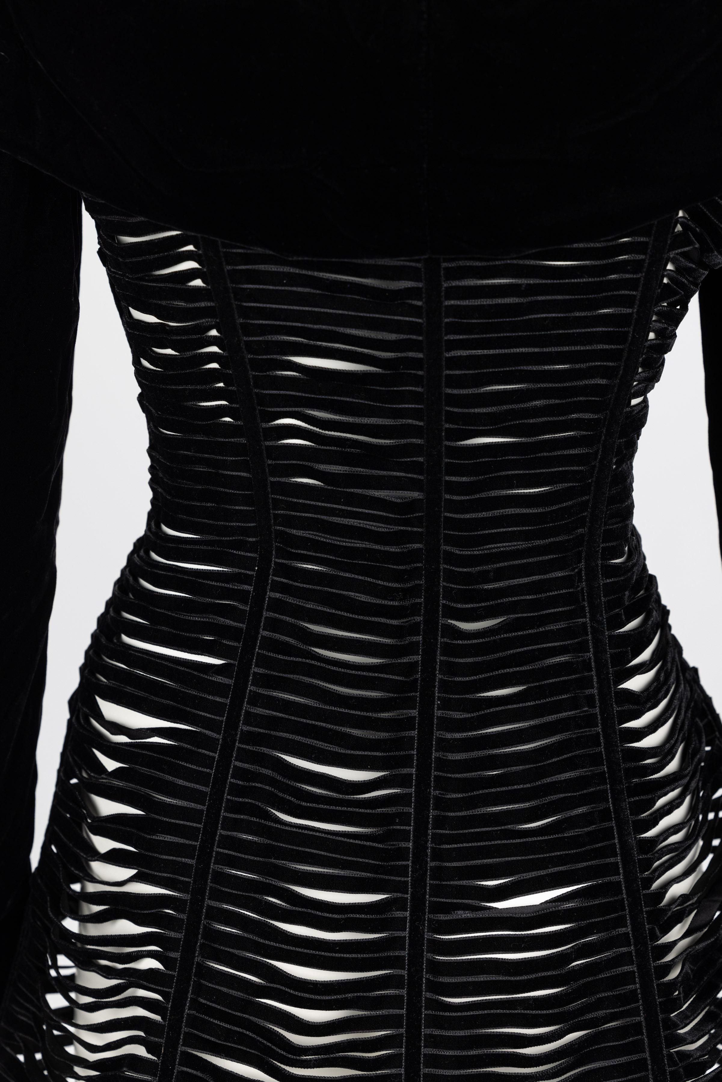 Giorgio Armani Black Velvet Cut Out Ribbon Corset Jacket For Sale 4