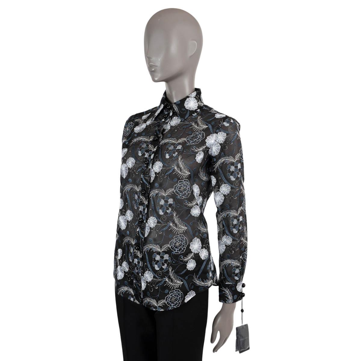 100% authentic Giorgio Armani sheer blouse in black viscose-silk-polyester blend. Features floral embroideries in white and blue, slim-fit, bracelet sleeves and point collar. Brand new with tag.

Measurements
Tag Size	40
Size	S
Shoulder Width	38cm