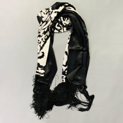 GIORGIO ARMANI Black White Print Silk Fringe Scarf Shawl
