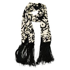 GIORGIO ARMANI Black White Print Silk Fringe Scarf Shawl GIORGIO ARMANI Black White Print Silk Fringe Scarf Shawl