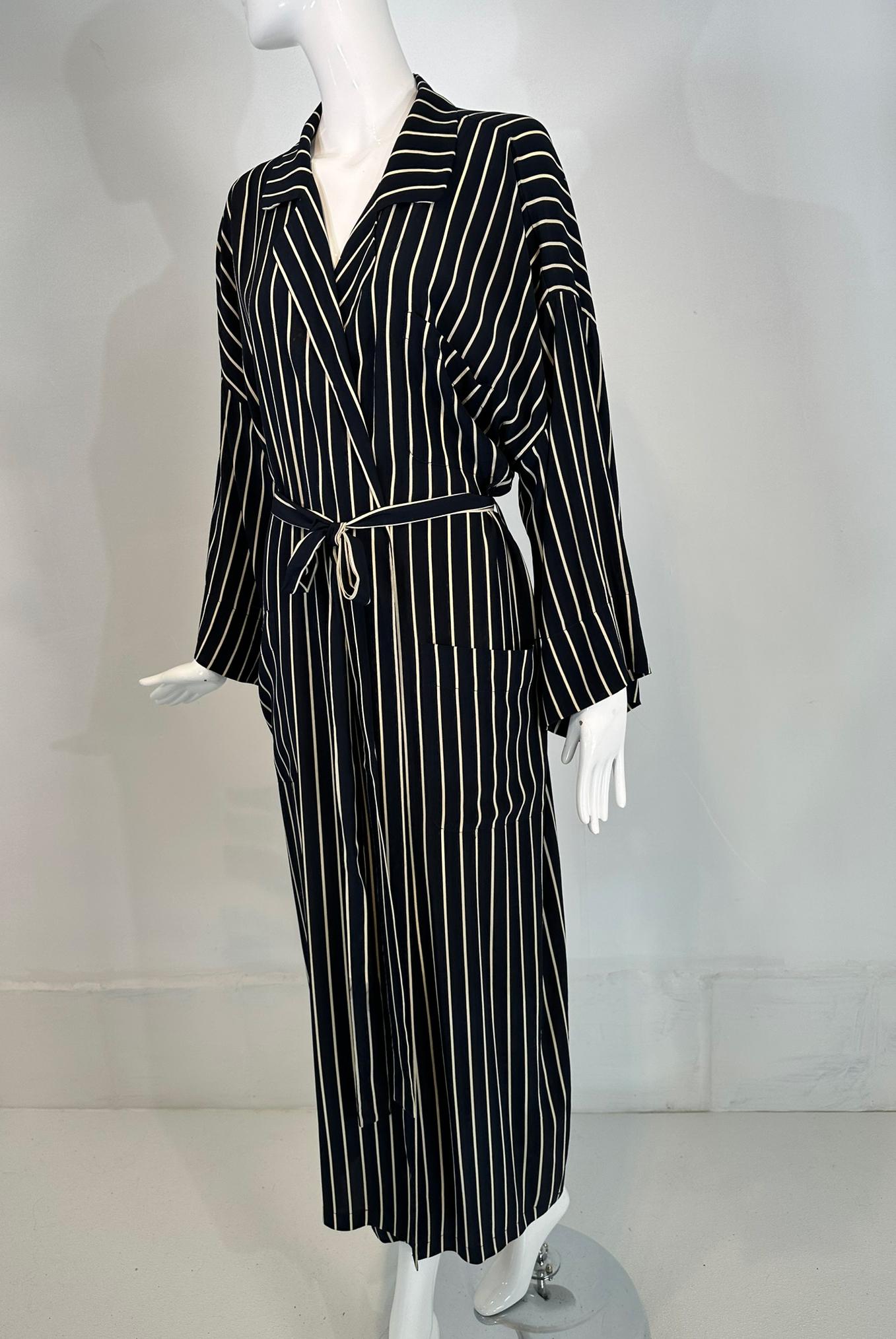 Giorgio Armani Black & White Stripe Silk Crepe Kimono Sleeve Wrap Robe 40 6