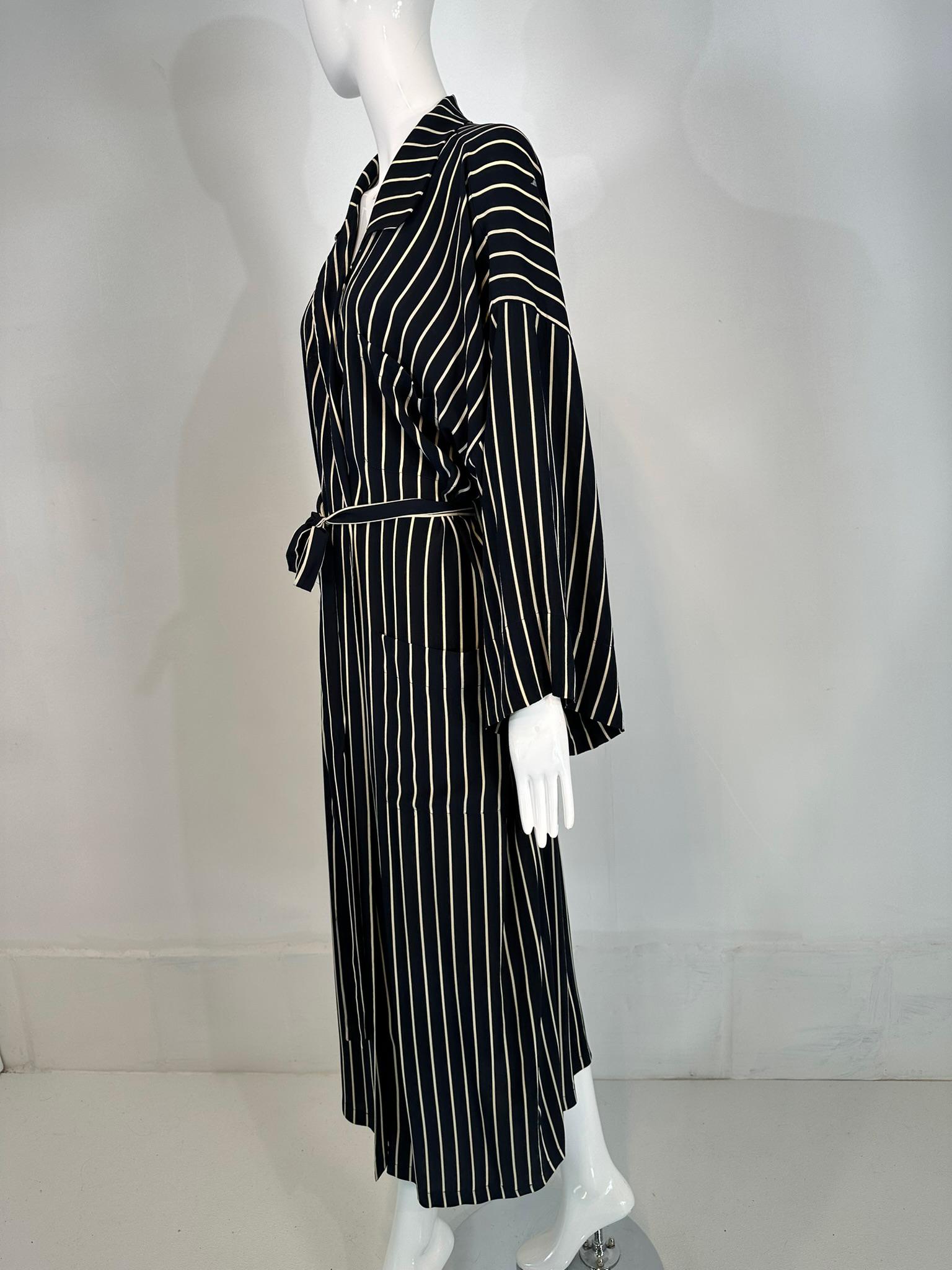 Giorgio Armani Black & White Stripe Silk Crepe Kimono Sleeve Wrap Robe 40 5