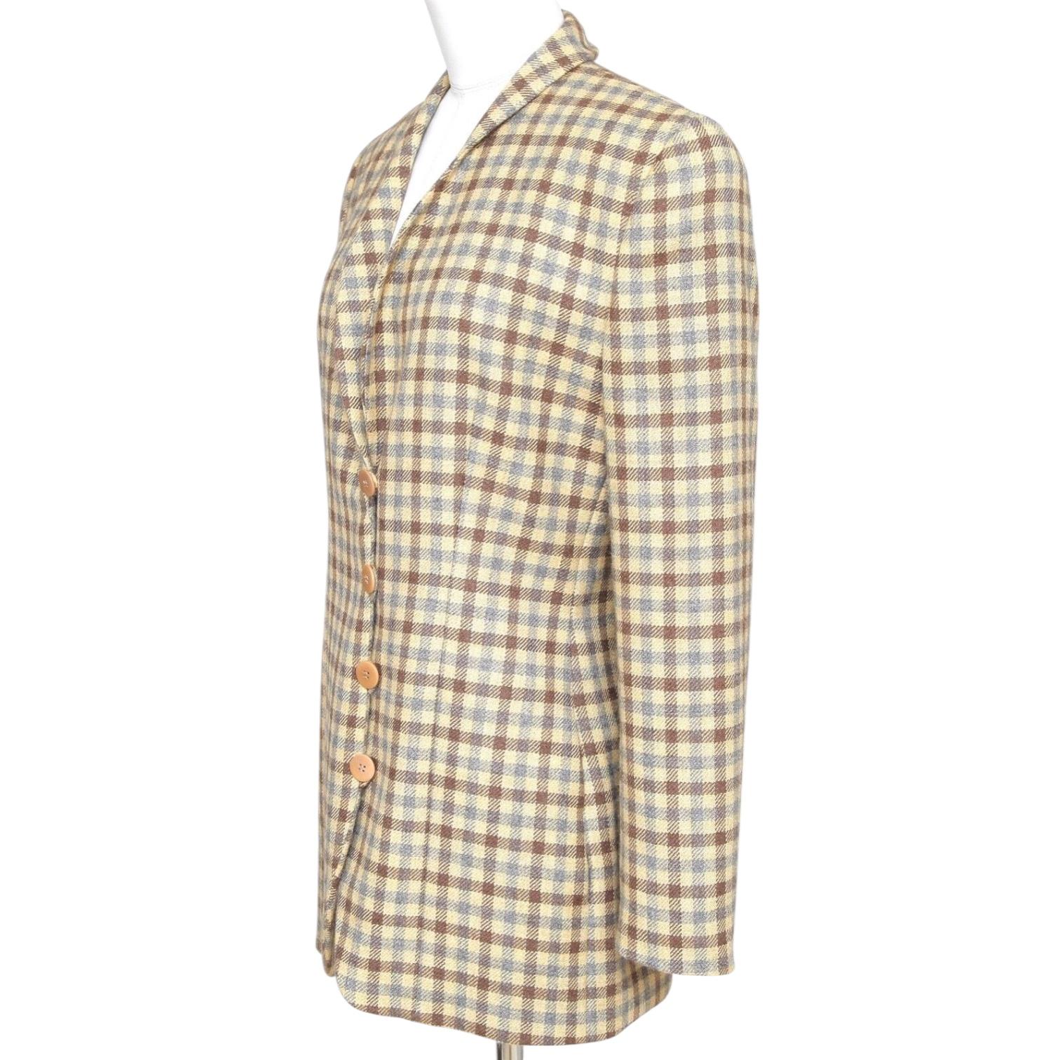 Beige Giorgio Armani Blazer Jacket Houndstooth Yellow Brown Grey Rounded Lapel Sz 42 en vente