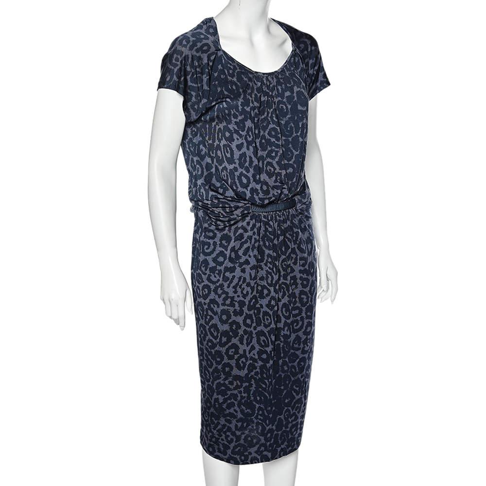 Black Giorgio Armani Blue Animal Printed Silk Jersey Cut-Out Back Detailed Dress L For Sale